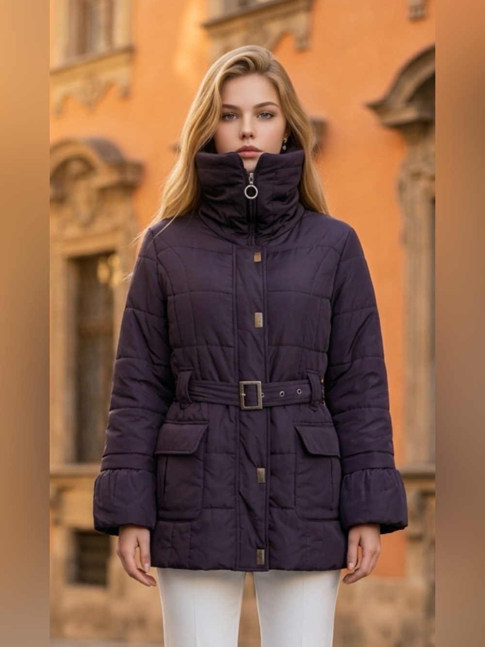 Quilted Belted Puffer Coat in Deep Plum